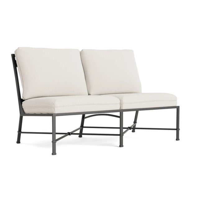 Brown Jordan Venetian Armless Loveseat, Textured Pewter frame with Fusion Natural fabric For Sale - Image 12 of 12