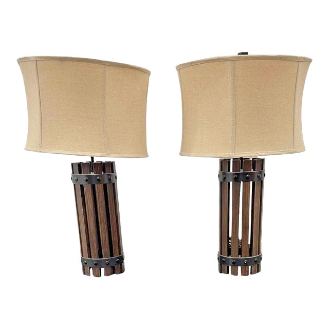 60s Table Lamps Pair Mid Century McM Rustic Slats Drum Shades Linen Set of 2 Vintage Brutalist For Sale