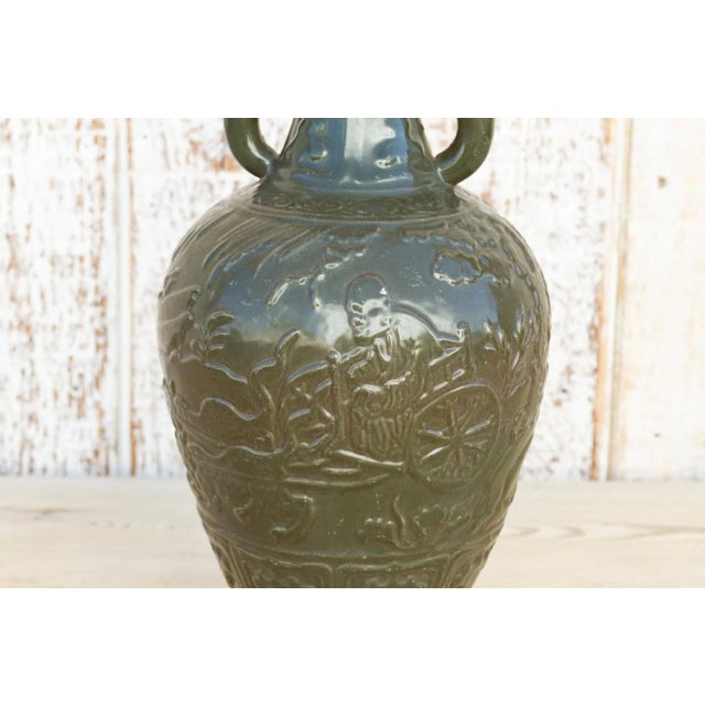 Asian Elephant Handle Green Glazed Vase For Sale - Image 3 of 8