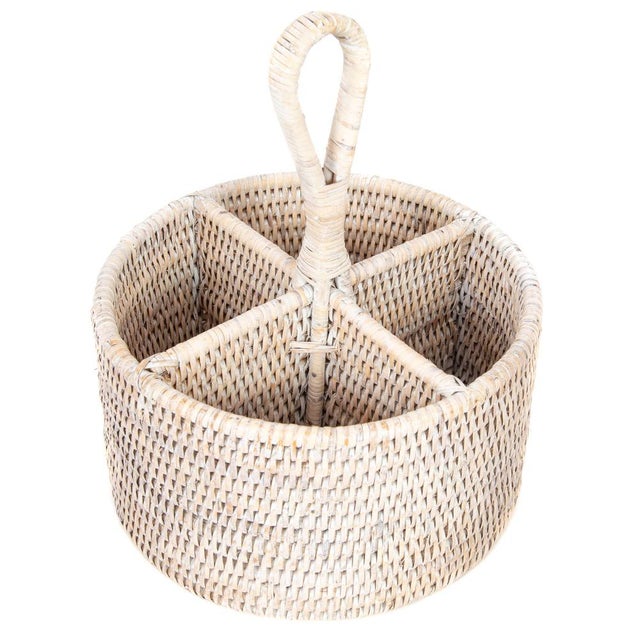 2020s Artifacts Rattan Round 4 section Caddy/Cutlery Holder in White Wash For Sale - Image 5 of 5