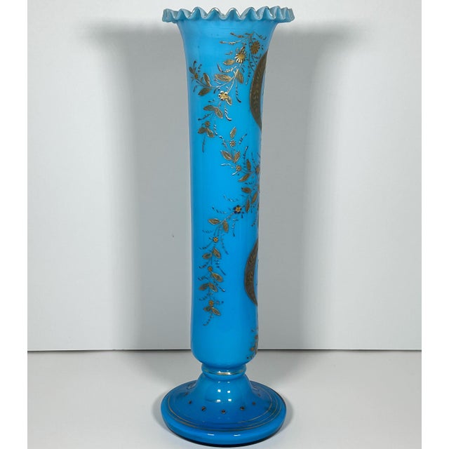 Victorian 19th Century Victorian Moser Blue Opaline Glass Vase: Gilt Floral Decor, 15.5" For Sale - Image 3 of 10
