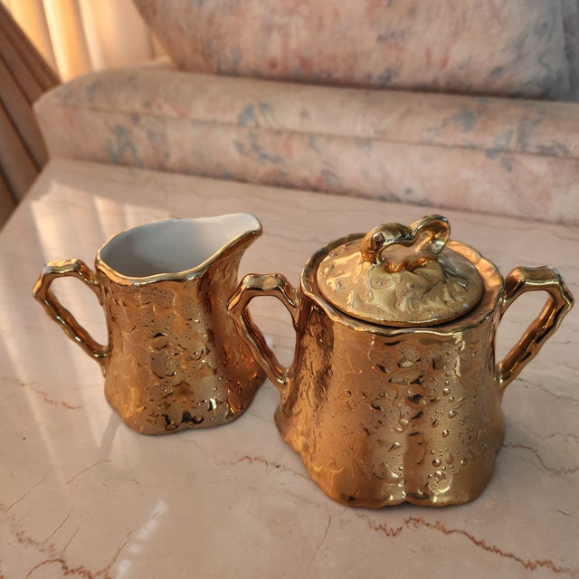 1960s Creamer + Sugar Set 22kt Weeping Gold Bel Terr For Sale - Image 10 of 12