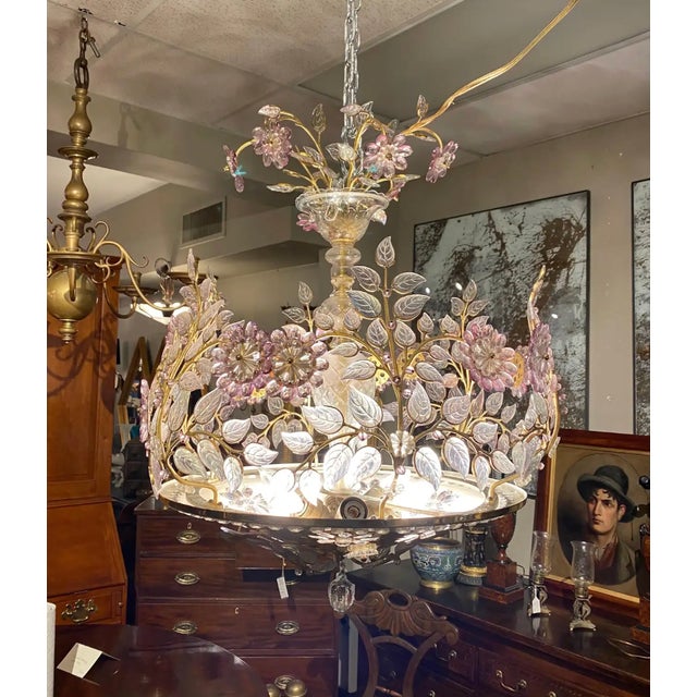 Incredible 6-light midcentury French chandelier in the style of Maison Baguès. Wonderfully colored glass petals and leaves...
