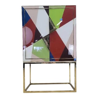 Hollywood Regency Styled Torino Reverse Painted Glass and Brass 2 Door Dry Bar For Sale