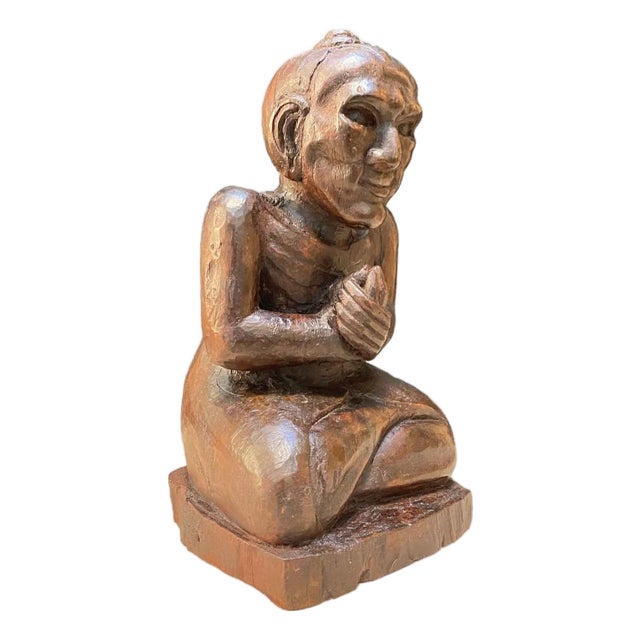 Burmese Monk Carved Wood Sculpture, Early 1900s For Sale