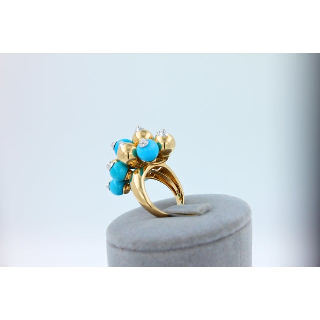 Blue Turquoise Diamonds Golden Spheres Balls Christmas Bells Motif 18k Gold Ring, Size 7 For Sale - Image 16 of 18