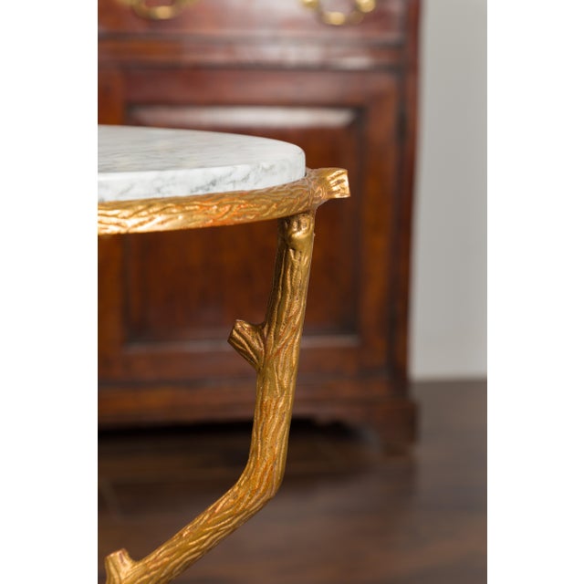 French Vintage Gilt Metal Side Table with Faux Bois Style Legs and Marble Top For Sale - Image 9 of 11