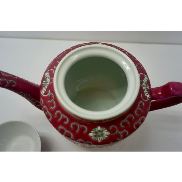 Vintage 1980s Jingdezhen Rose Famille "Mun Shou" Longevity Porcelain Tea & Dining Set for Two - 7 Pieces For Sale - Image 4 of 12