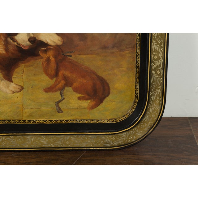 Gold English 19th Century Painted Tôle Tray Depicting Playful Dogs and Turtle Doves For Sale - Image 8 of 11