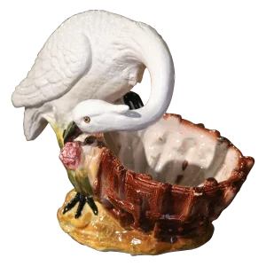 Mid-Century Italian Majolica Swan Cachepot Planter With Barbotine Decor