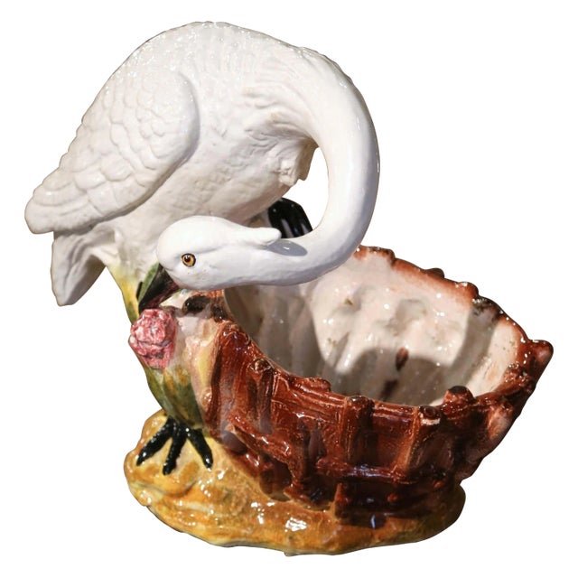 Midcentury Italian Carved Painted Ceramic Planter Composition With Swan Decor For Sale