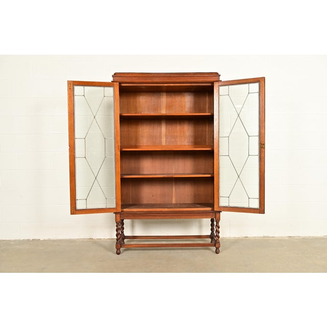 Early 20th Century Stickley Brothers Style Antique Arts & Crafts Carved Oak Bookcase Cabinet With Leaded Glass Doors, Circa 1900 For Sale - Image 5 of 14