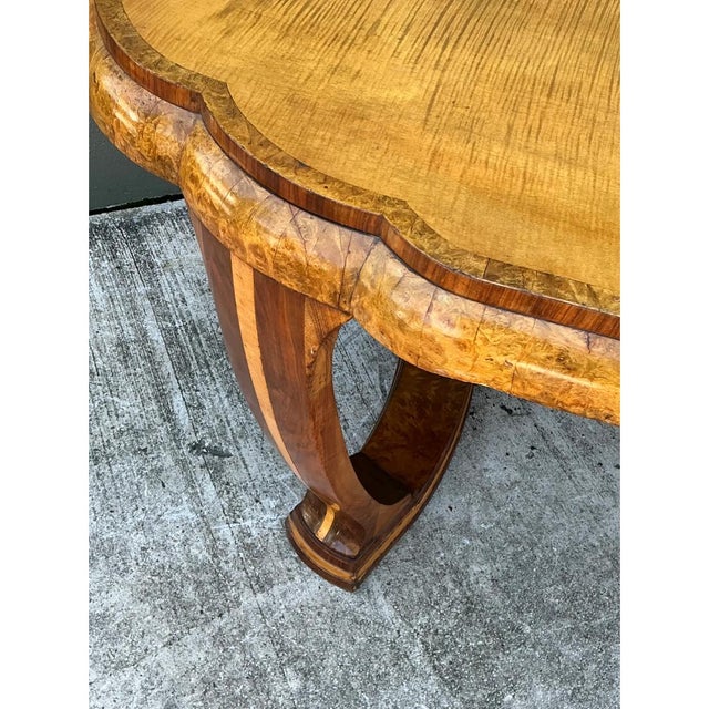 Vintage Art Deco Scalloped Edge Burl Wood Center Hall Table For Sale - Image 4 of 14