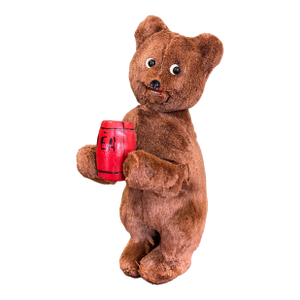 Vintage Plush Mechanical Bear With Red Barrel, Mid-20th Century Toy