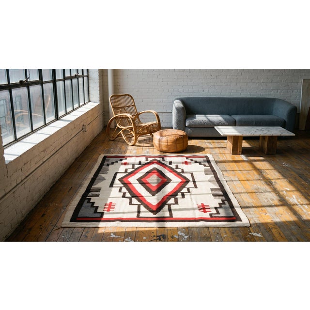 Textile 1930s White Diamond Tribal Antique American Navajo Rug 4'x 5' 4" Flatweave Wool Carpet For Sale - Image 7 of 9