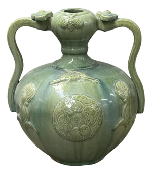 Orient Celadon Green Motif Amphora Body Ceramic Vase Jar