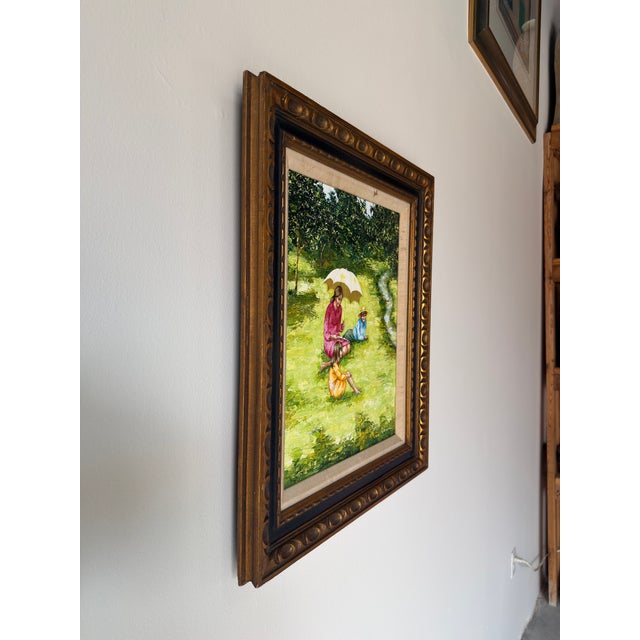 Charming vintage impressionist oil on canvas painting titled “Picnic” by artist Karin. This vibrant piece beautifully...