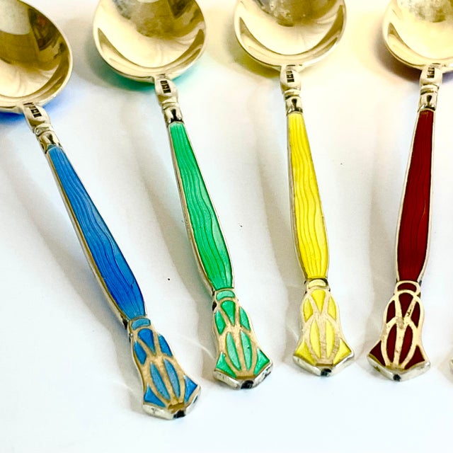 1902 Antique English Art Deco Henry Clifford Davis Sterling Enamel Spoons - Set of 6. For Sale - Image 6 of 10