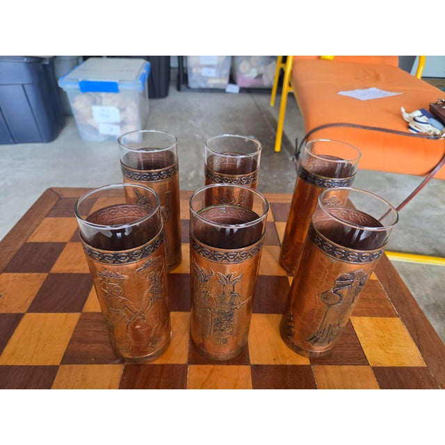 Set of 6 antique Mexican glasses with Brass covers. The brass covers are removable. Has Velmayda Mexico on the bottom.