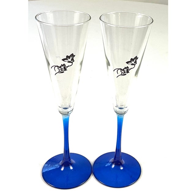 1990s Perrier Jouet-Champagne, Flutes, Cobalt, Stems, and Foot With a Black Painted Rose on the Bowl For Sale - Image 4 of 9