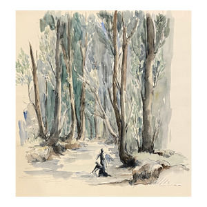 1950s Figures in a Landscape Watercolor Painting