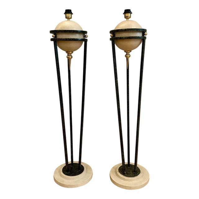 Vintage Floor Lamps in Travertine and Brass by Michael Taylor, 1980, Set of 2 For Sale
