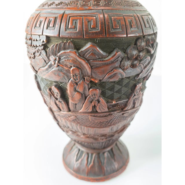 Wood Chinese Red Cinnabar Lacquer Vase For Sale - Image 7 of 13