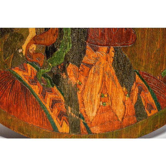 1900s Native American Indian Chief Pyrography Plaque Antique Hand Painted Folk Art Wood Wall Hanging Home Decor For Sale - Image 10 of 13
