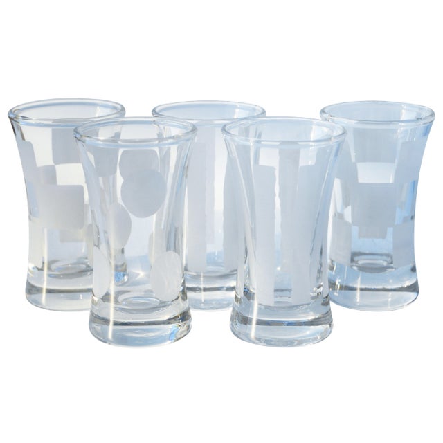 Mid 20th Century Shot Glasses W/ Frosted Shapes, S/5 For Sale