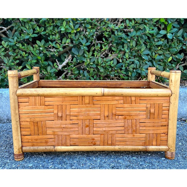 Vintage long rectangular bamboo planter with Woven Rattan. Planter opening 18.5” x 8.5”