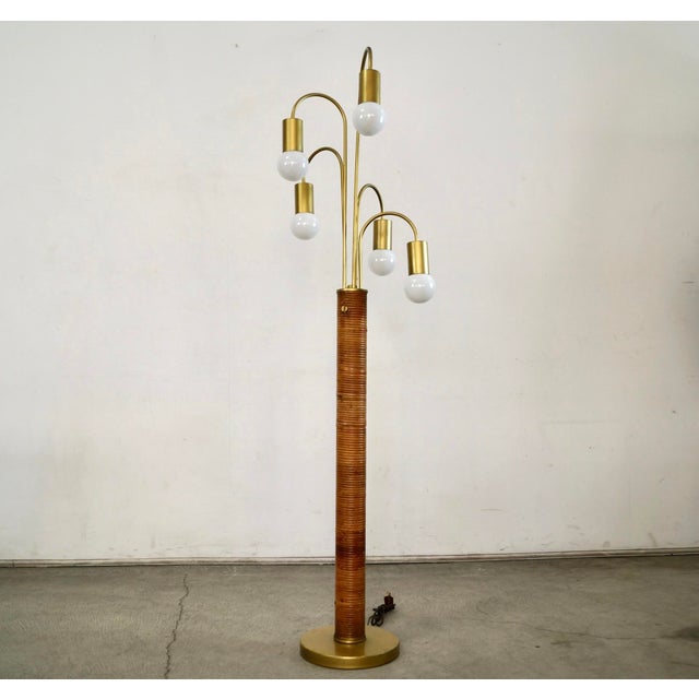 1970s 1970’s Mid-Century Modern Rattan & Gold Waterfall Floor Lamp For Sale - Image 5 of 12