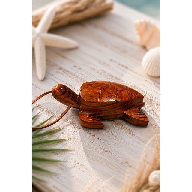 Wood Hand-Carved Wood Honu Sea Turtle Hanging Ornament, Hawaiian-Style Coastal Decor For Sale - Image 7 of 10