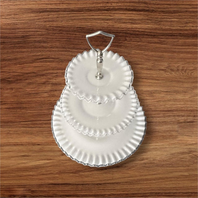 Mid-Century Modern Vintage Fenton Milk Glass Tidbit Server With Silver Crest Rim and Metal Handle For Sale - Image 3 of 12
