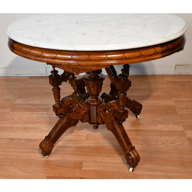 Late 19th Century 1880s Antique Victorian Renaissance Revival Walnut & Marble Top Center Table For Sale - Image 5 of 18