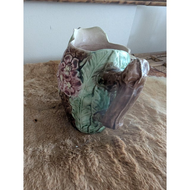 French Antique French Majolica Bark & Wild Rose Pitcher, Circa 1880–1910 For Sale - Image 3 of 7