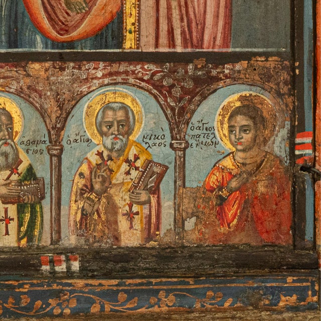 Antique 18thC Greek Orthodox Triptych Icon Virgin Mary & Saints Egg Tempera 1700 For Sale - Image 16 of 18