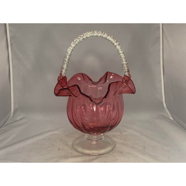 19th Century Victorian Cranberry Glass Basket: Ruffled Edge, Clear Handle, 13" Tall For Sale - Image 6 of 10