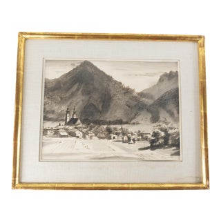 Illegibly Signed Pen and Inkwash Landscape Drawing For Sale