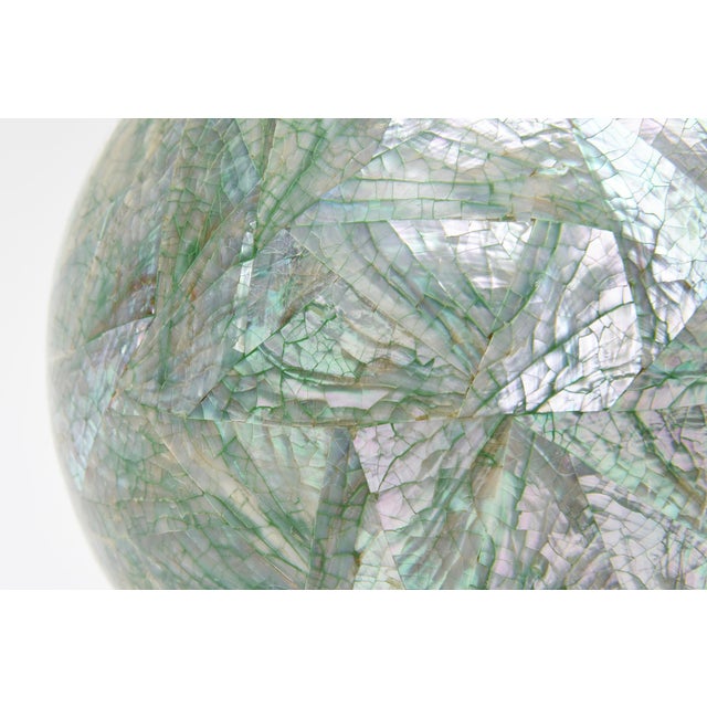 Vintage Mother of Pearl Over Wood Sphere Orb Sculpture on Lucite Base For Sale In Miami - Image 6 of 10