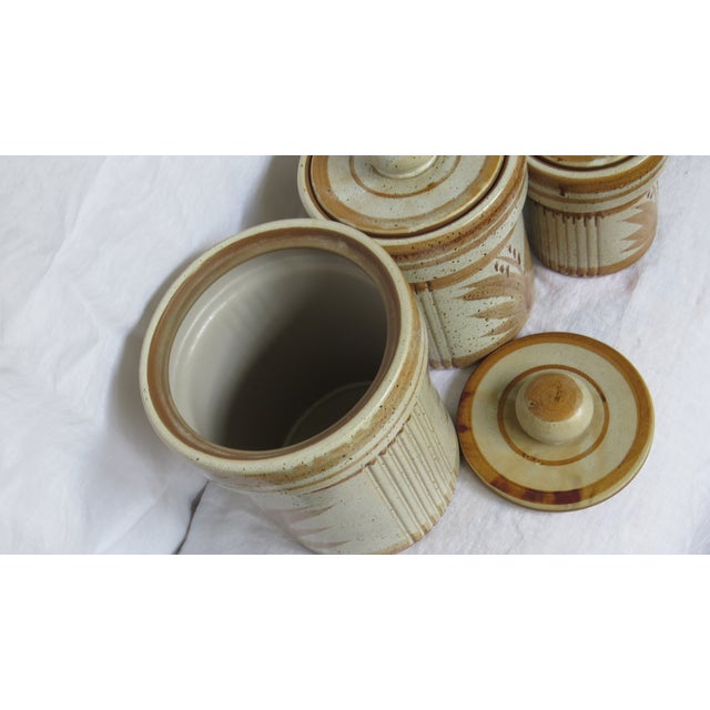 Mid Century Earthenware Hand Painted Pottery Lidded Canisters- Set of 4 For Sale - Image 4 of 12