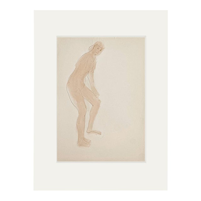Vintage Mid-Century Abstract French Figure Painting on Paper With Mat For Sale