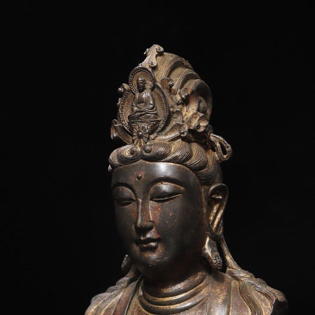 Vintage Gilt Bronze Bodhisattva Head Bust / Guanyin Statue For Sale - Image 4 of 9