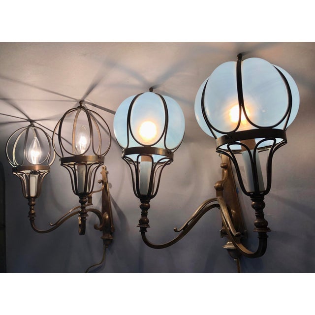 1920s Pair Art Deco French Brass Blown Encased Art Glass Shades Sconces Wall Lamps For Sale In Miami - Image 6 of 12