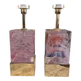 Pair of Pink Murano Glass and Brass Block Mirrors For Sale