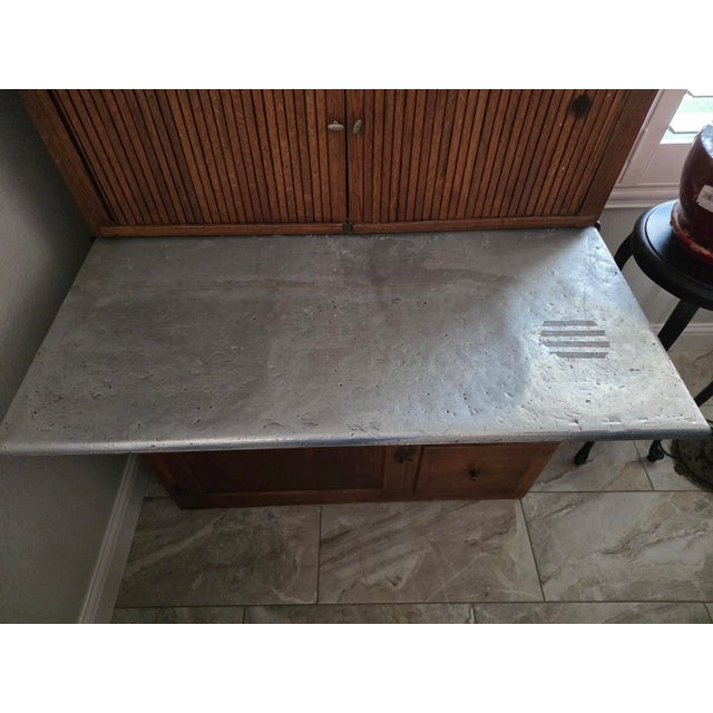 Antique Oak Hoosier Kitchen Cabinet With Slide-Out Zinc Counter & Tambour Doors For Sale - Image 9 of 9