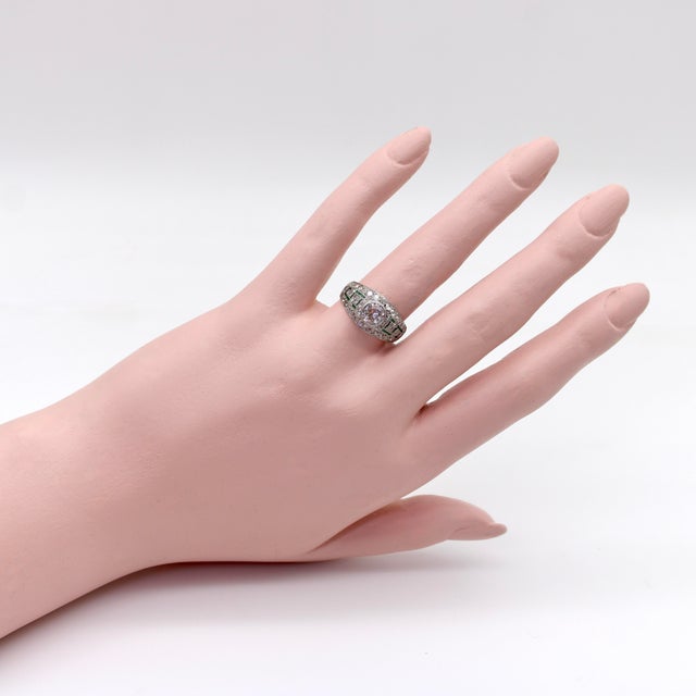 Platinum 1920s Art Deco Platinum Diamond Emerald and Pave Diamond Ring, Size 7.5 For Sale - Image 8 of 10