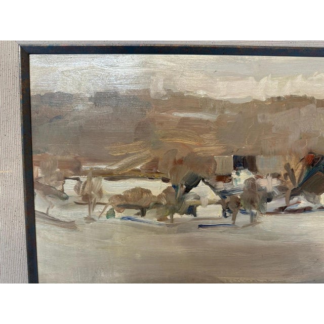Unknown, Winter Landscape Village Snow, 1994, Oil on Cardboard For Sale - Image 3 of 13
