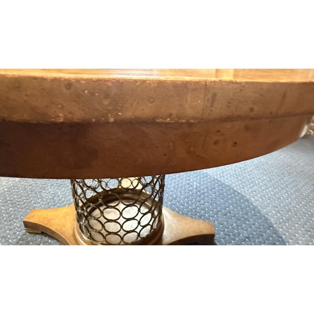 Mastercraft 1960s Mastercraft Burl Wood Expandable Round Dining Table With Brass Pedestal Base and Three Leaves For Sale - Image 4 of 12
