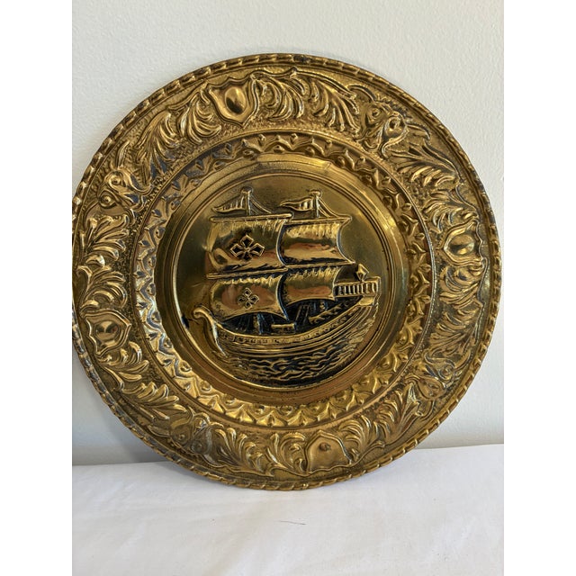 Pair of Vintage English Embossed Brass Ship Plates For Sale - Image 11 of 13