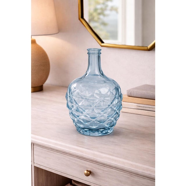 Late 20th Century Blue Textured Art Glass Bottle Vase — Coastal Diamond Cut Form For Sale - Image 4 of 5